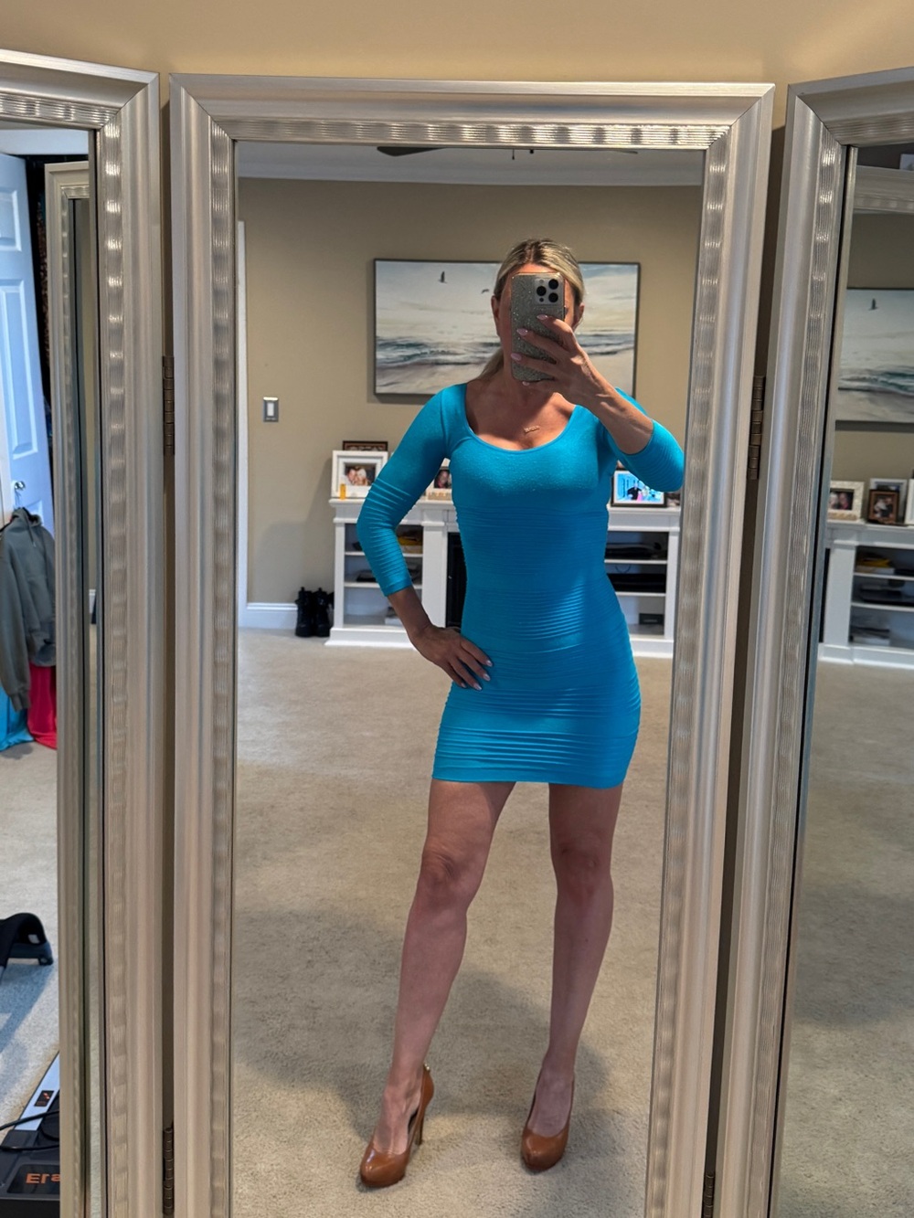 bebe Aqua Blue Long‑Sleeve Bodycon Mini Dress